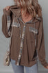 Waffle Knit Plaid Patchwork Button Front Drawstring Hood Drop Shoulder Shacket